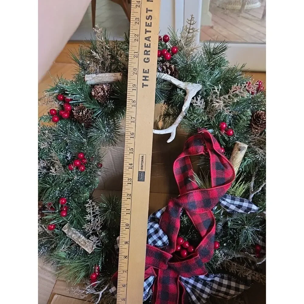 Handmade Buffalo Plaid Antler Branches Berries Branches Christmas Wreath 24